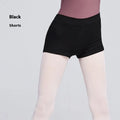 Black cotton ballet practice shorts for women laid flat, showing size label.