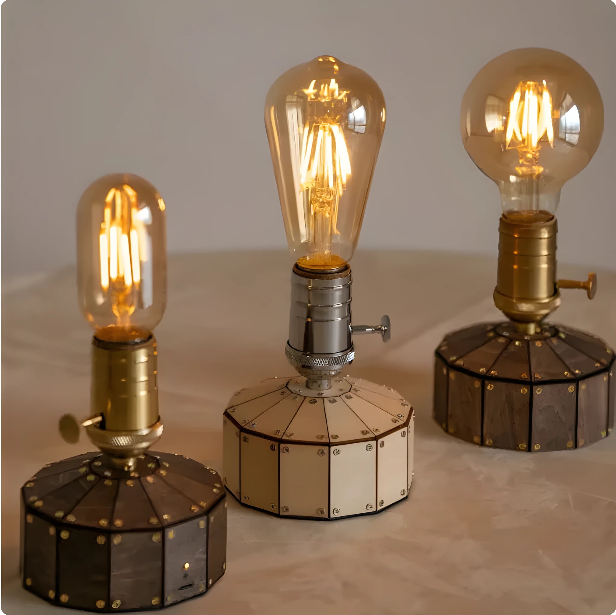 Retro desk lamp with glass shade on wooden base, USB rechargeable for bedside or living room