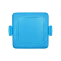 Red silicone baking tray with handbag-style anti-scald grip handles and matching gloves