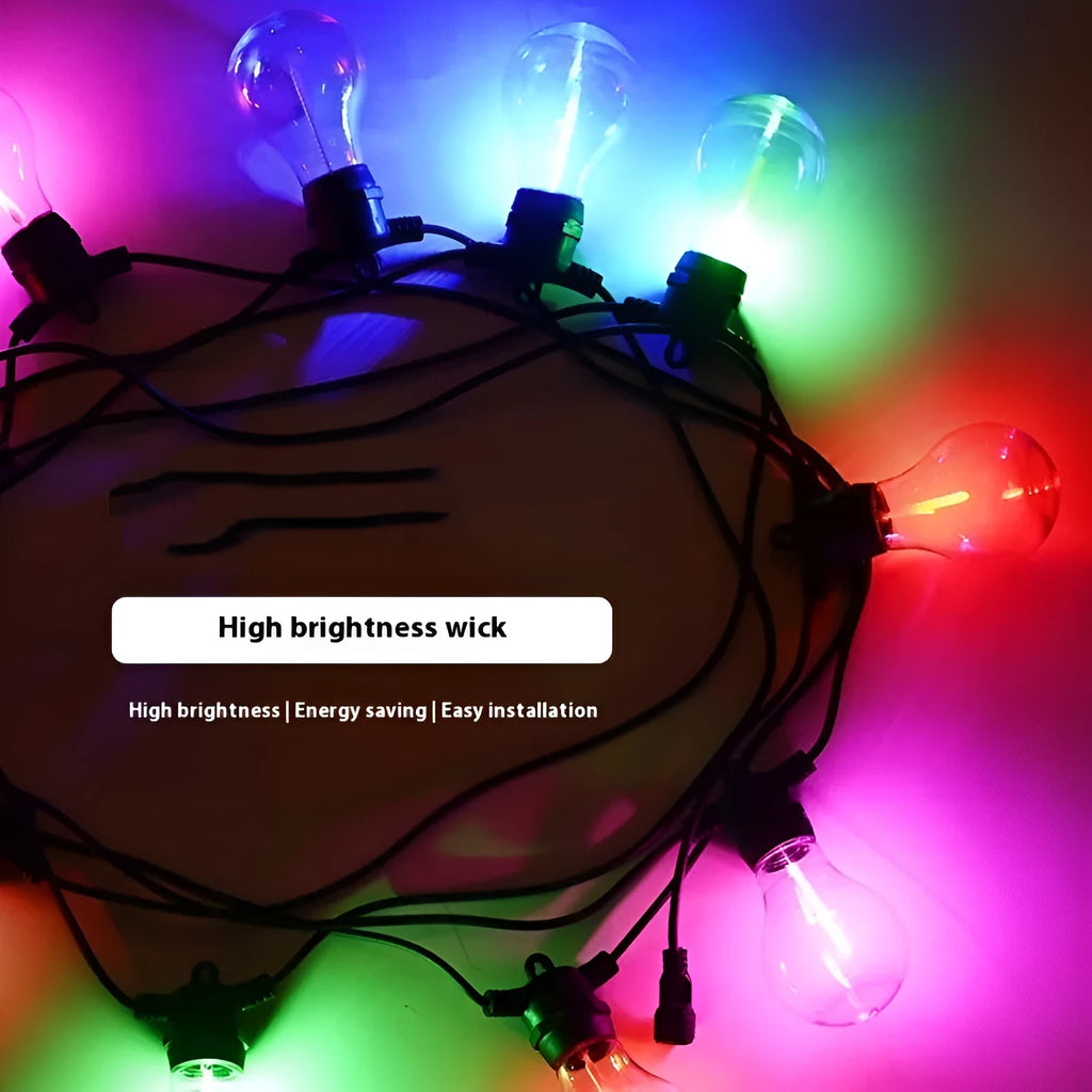 Waterproof outdoor string lights with transparent A60 bulbs on 5 metre cord for garden and wedding use