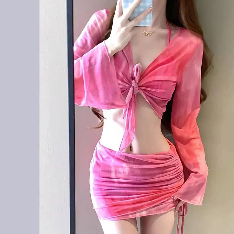 Women's blue high-waist bikini four-piece swimsuit set with shirt, bra, underwear and skirt