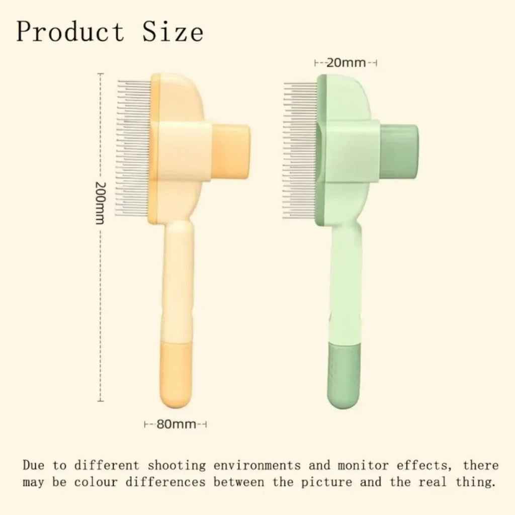 Green and yellow pet grooming brush with one-click hair removal and silicone bristles for dogs