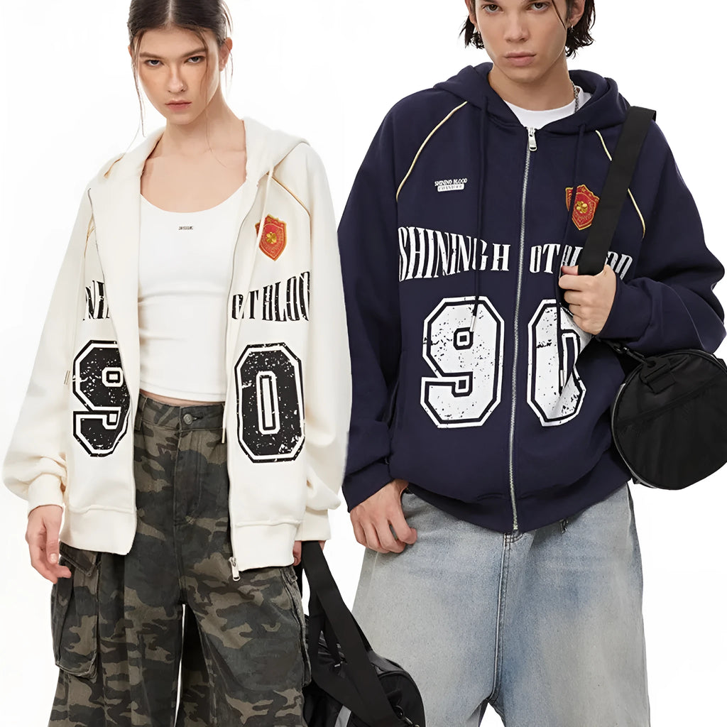 Women's American retro style hooded jacket with letter embroidery in loose fit cardigan design