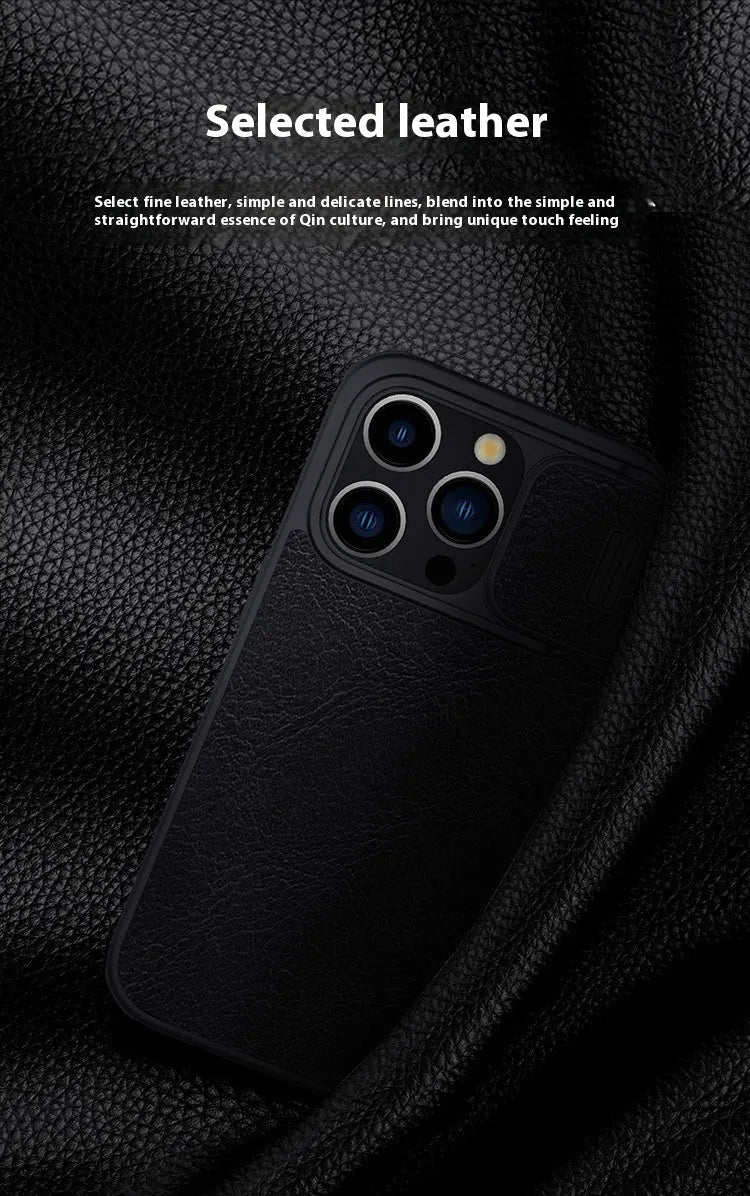 Imitation leather flip phone case for iPhone showing black, brown, and red colour options