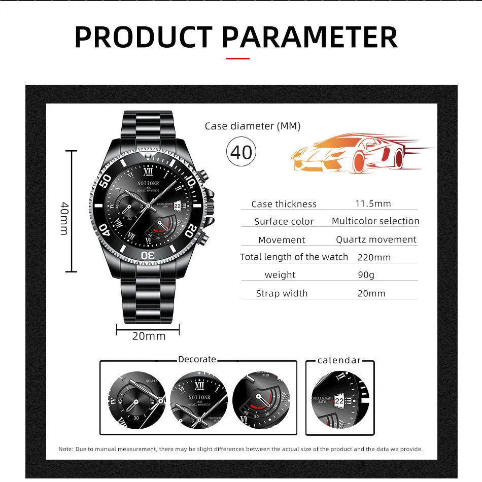 Men's waterproof luminous calendar quartz watch with steel case, black dial, and date window