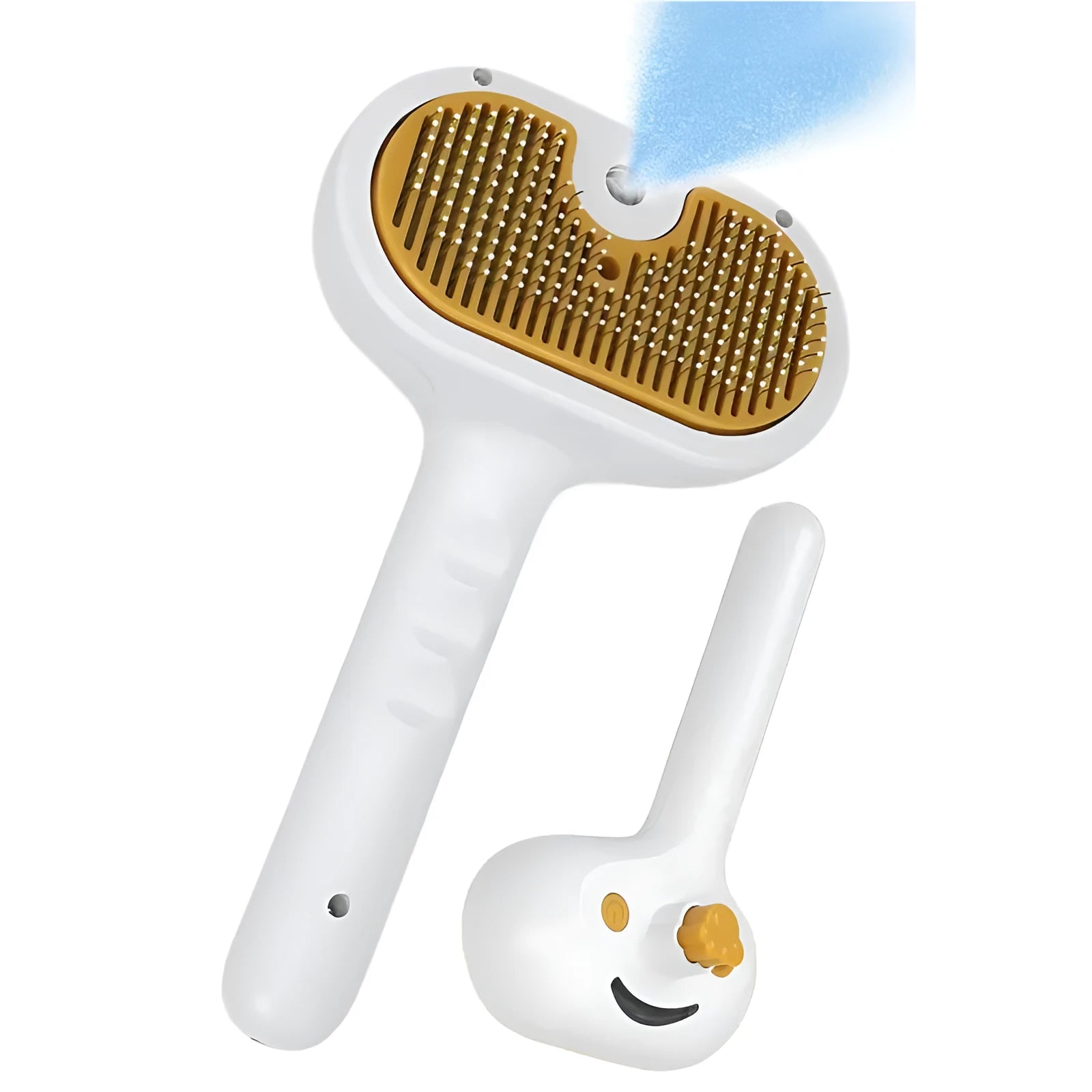 White pet grooming brush with steel teeth and built-in water tank for steam mist function