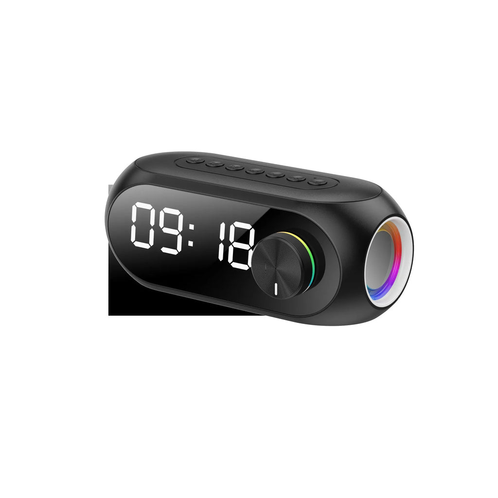 Extra Bass portable Bluetooth speaker with digital LED clock display in compact rectangular design
