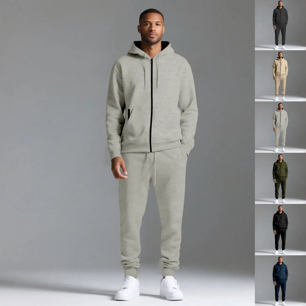 Men's solid colour long-sleeve hooded sportswear set with matching jacket and pants in black cotton polyester blend