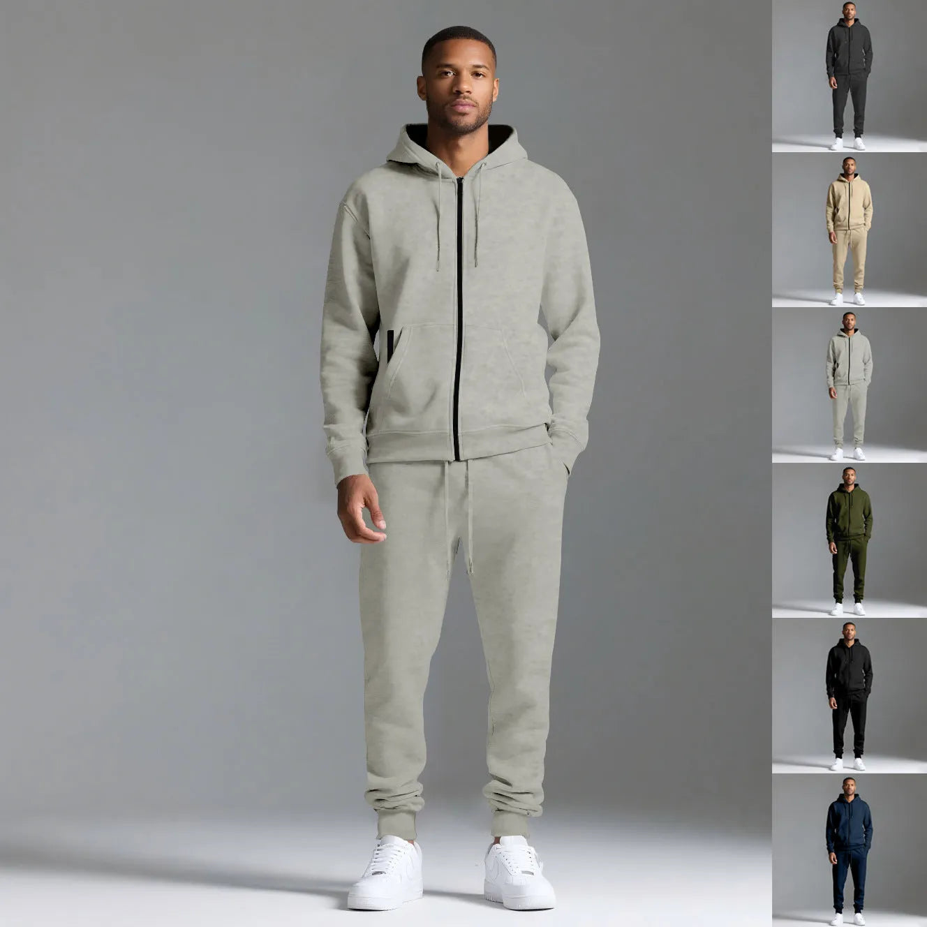 Men's solid colour long-sleeve hooded sportswear set with matching jacket and pants in black cotton polyester blend