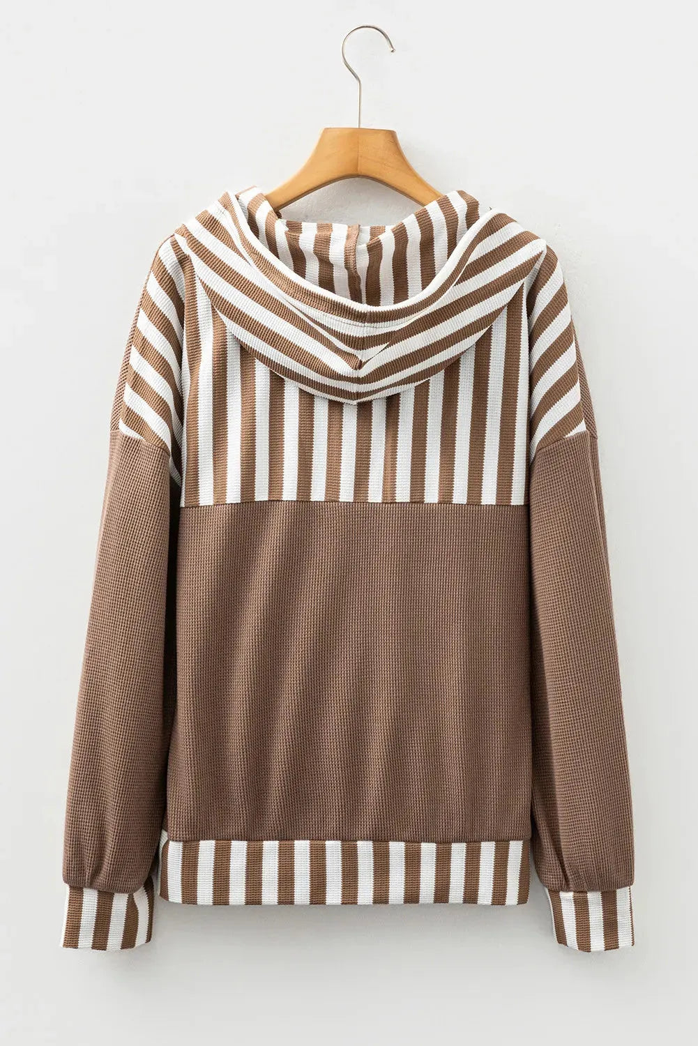 Straw yellow waffle texture striped patchwork hoodie with button neck and drawstring.