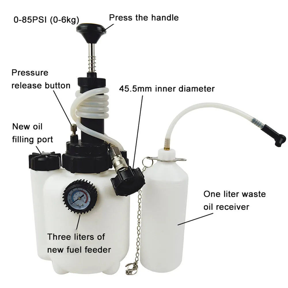 White 3-litre brake fluid tank replacement tool made of copper, iron, and plastic for car maintenance.