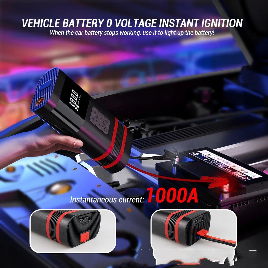 Black rectangular car jump starter power bank with connection cables and LED light