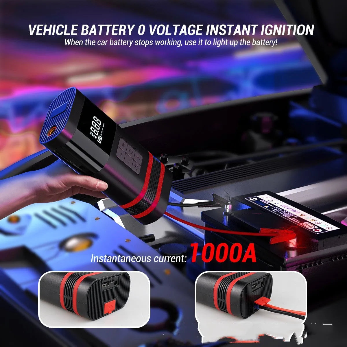 Black rectangular car jump starter power bank with connection cables and LED light