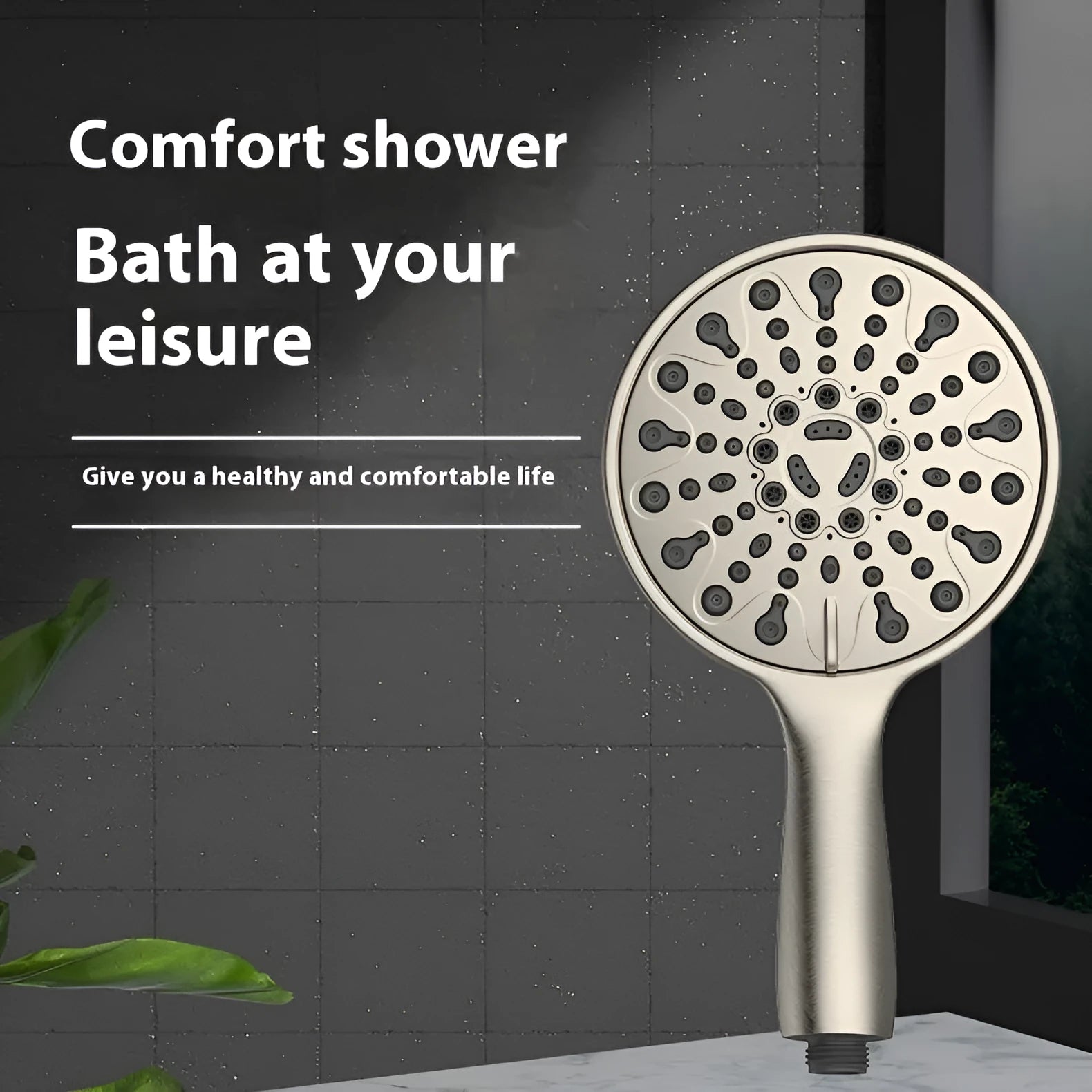 A portable handheld shower head with an electroplated metallic finish, showing its spray face and hose connection.
