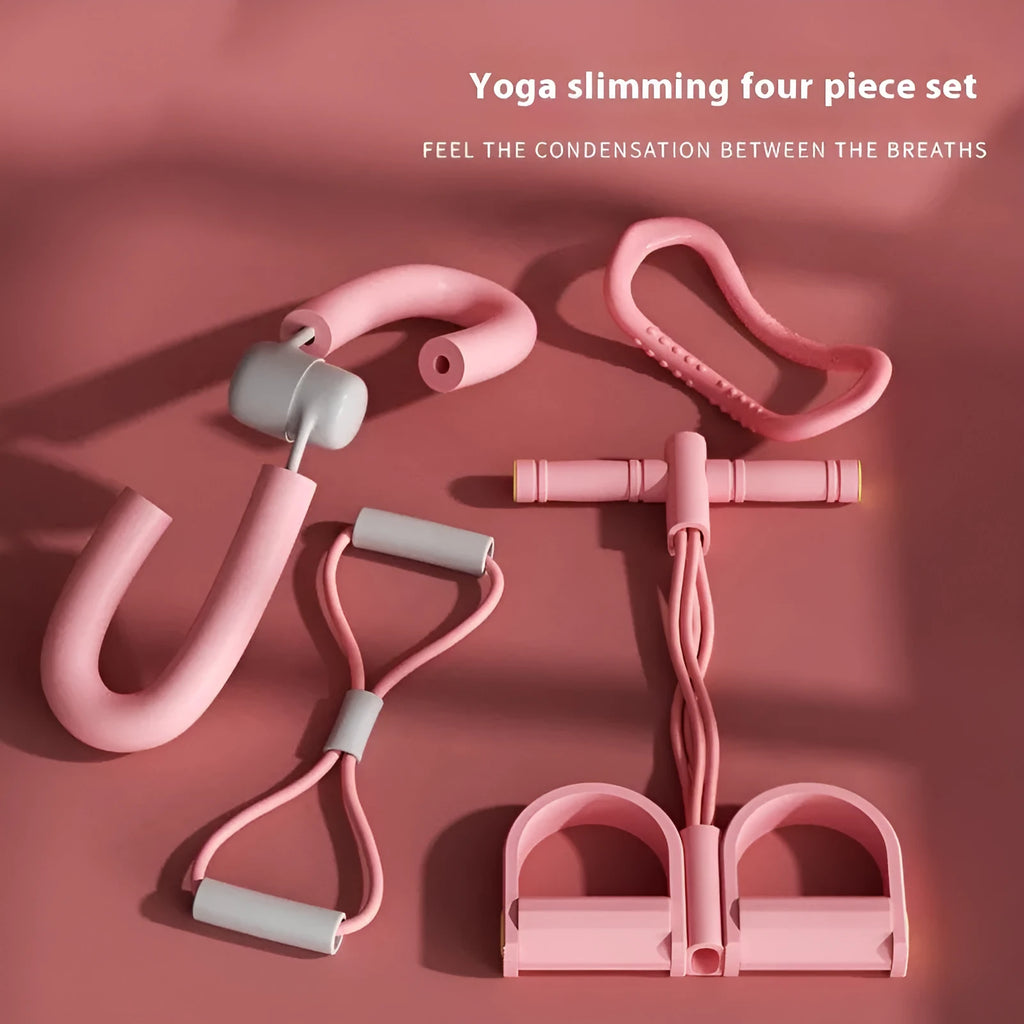 Yoga four-piece fitness set containing a leg beauty device, yoga ring, pedal tension device, and figure eight tension rope.