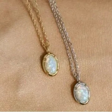Oval geometric jelly opal pendant on a chain with 14K gold or white gold plating over S925 silver.