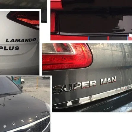 3D metal zinc alloy car letter sticker in black or silver, shown actual size at 2.5cm.