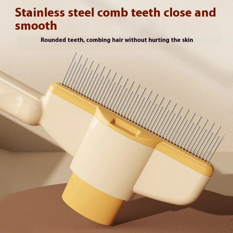 Yellow and green self-cleaning pet comb for dogs and cats with a release button and stainless steel teeth.