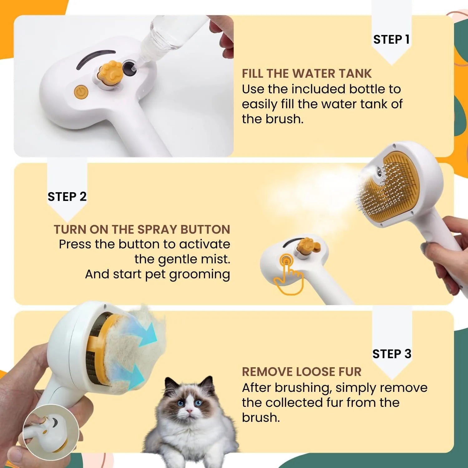 White pet grooming brush with steel teeth and built-in water tank for steam mist function