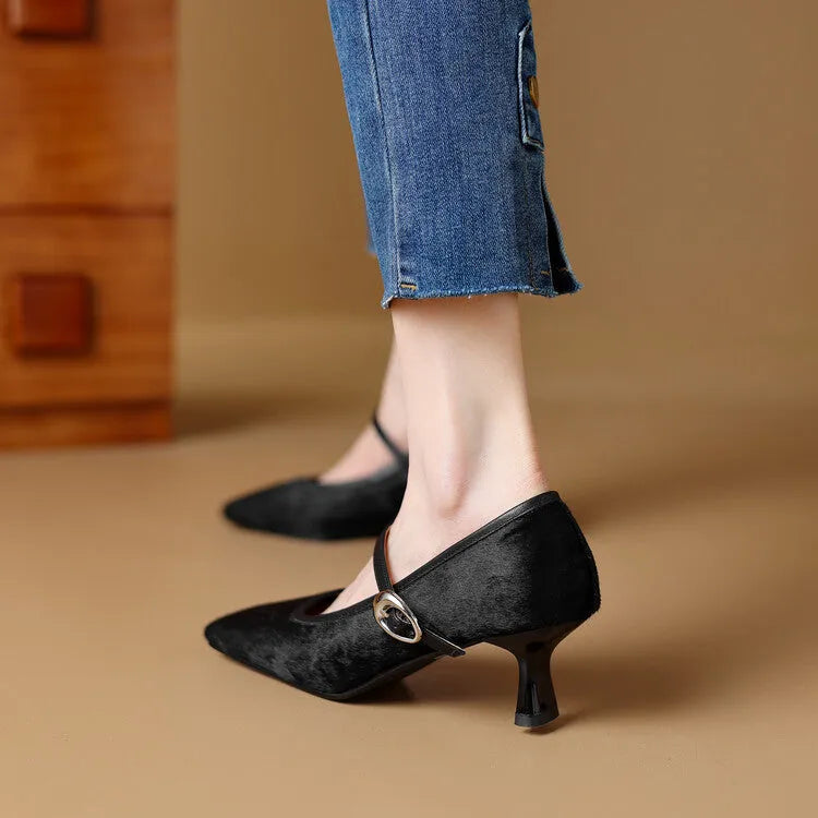 Women's black square toe stiletto heel ankle-strap shoes with horse hair uppers and buckle closure