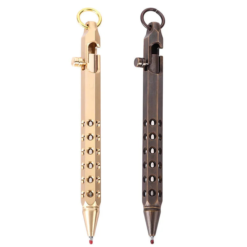 Brass hexagonal roller pen with six-angle barrel showing 0.5mm tip