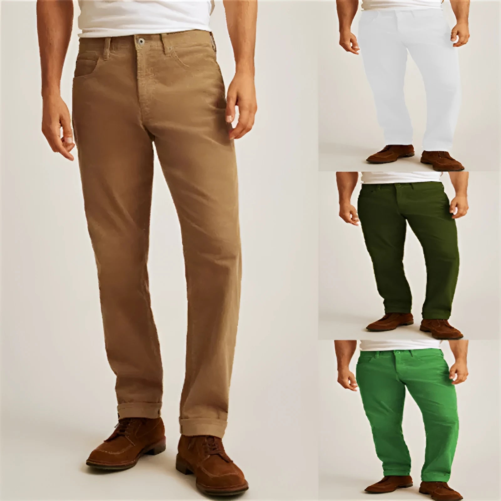 Corduroy loose fit straight-leg casual trousers in Army Green colour on a hanger.