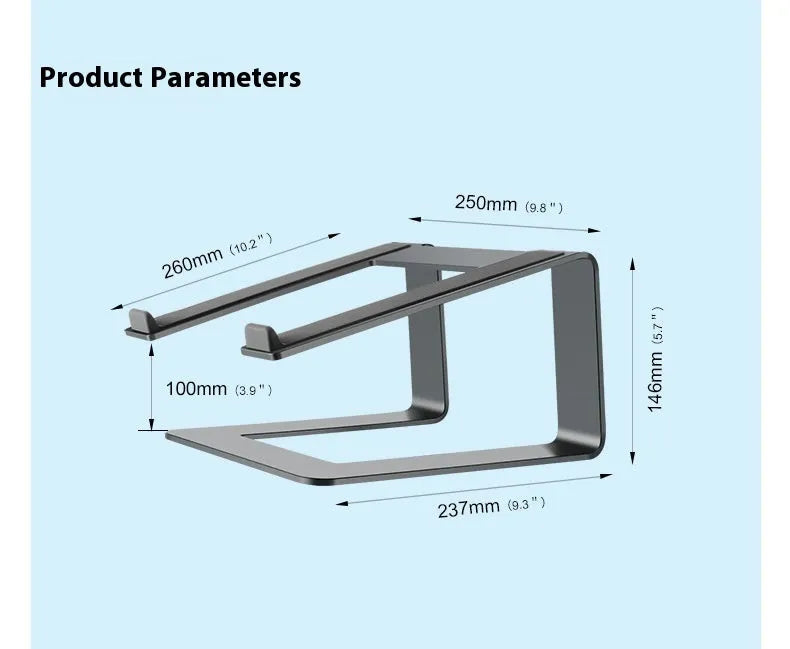 Black aluminium laptop stand with angled platform on a wooden desk
