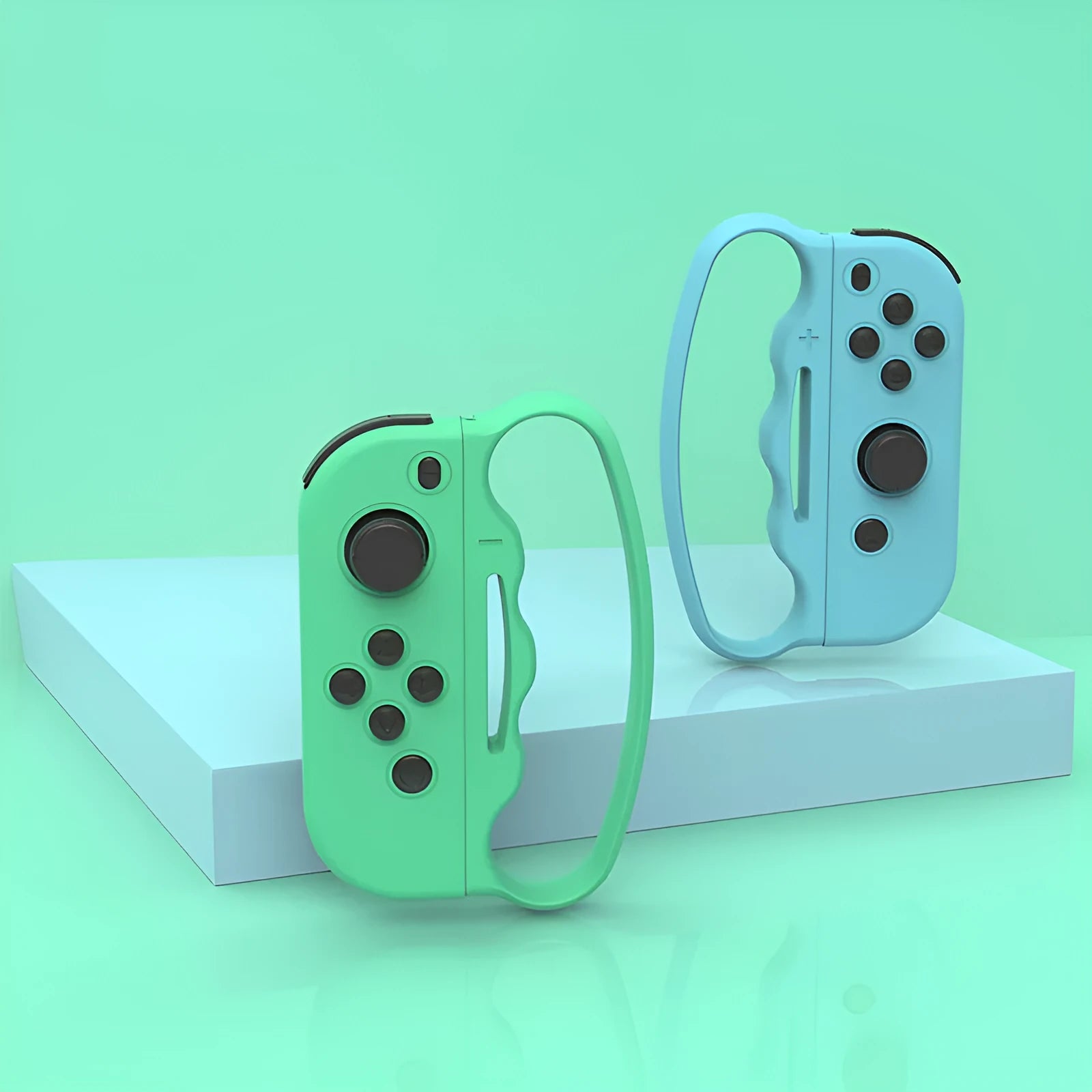 Joy-Con controller grips with adjustable hand straps in black and multicolour options