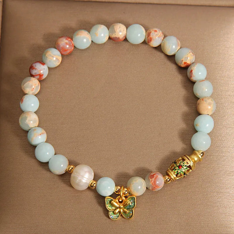 Blue butterfly pendant bracelet with Shoushan stone and freshwater pearl for women