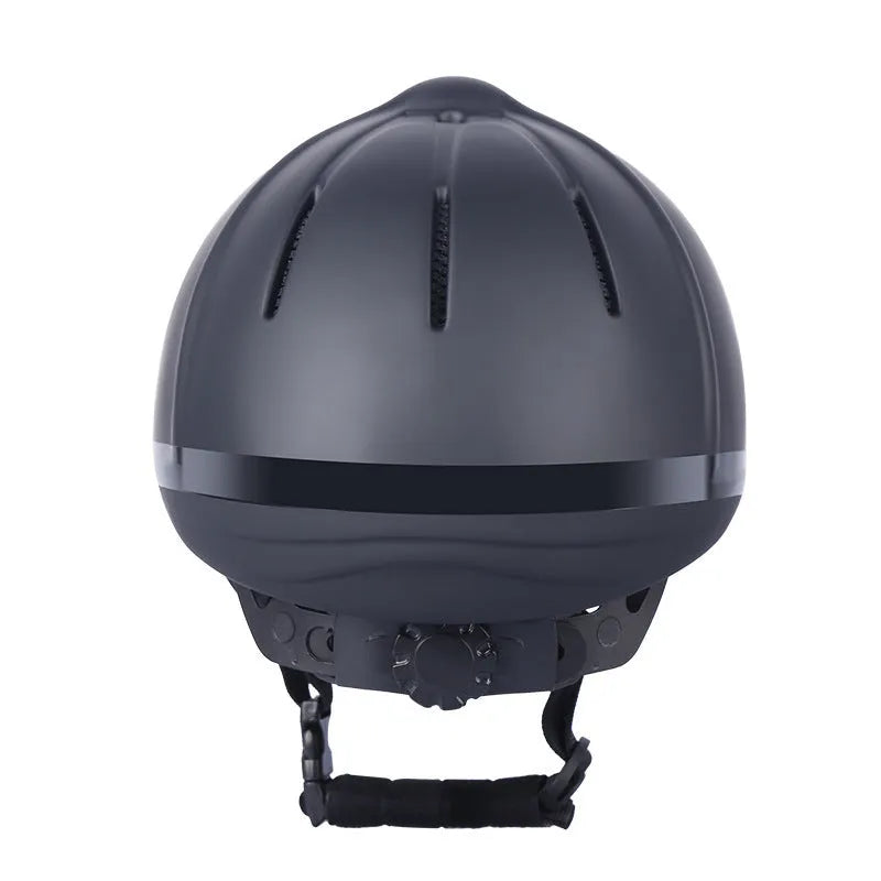 Black adjustable equestrian helmet for head protection in riding and cycling