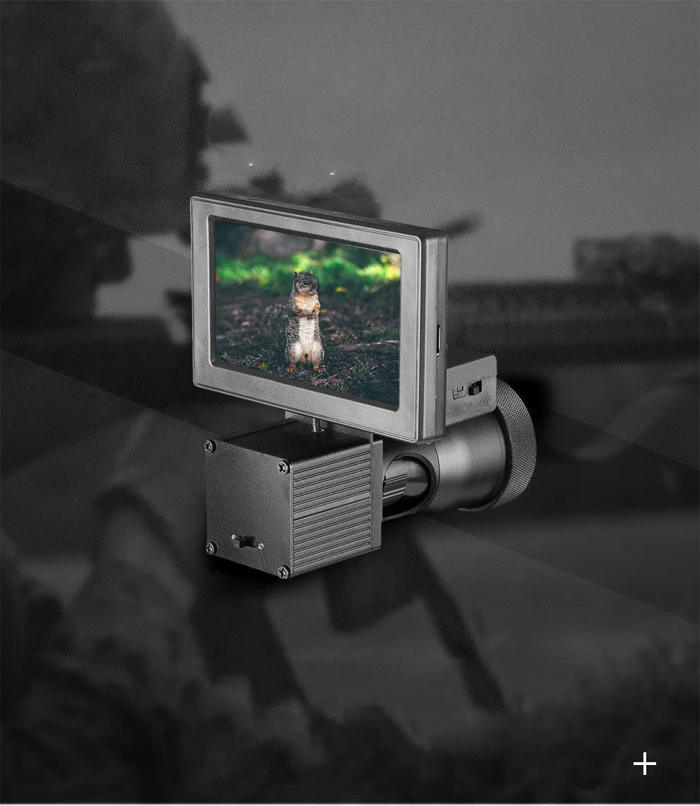 Black digital night vision monocular with 4x magnification and 25mm lens on a 4.3-inch screen.