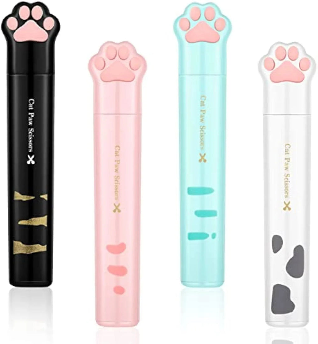 Closed and open views of cute cat paw design mini folding safety scissors on a craft background.