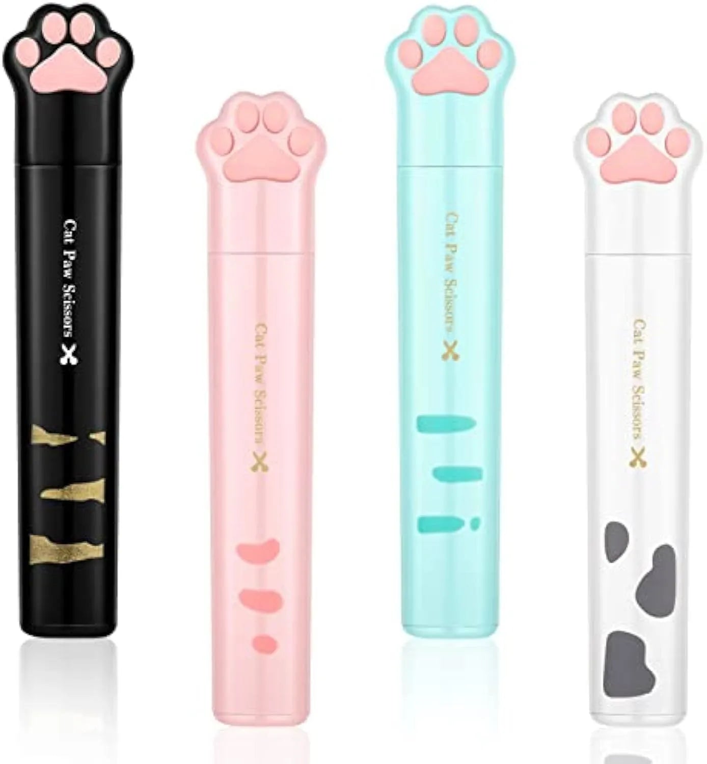 Closed and open views of cute cat paw design mini folding safety scissors on a craft background.