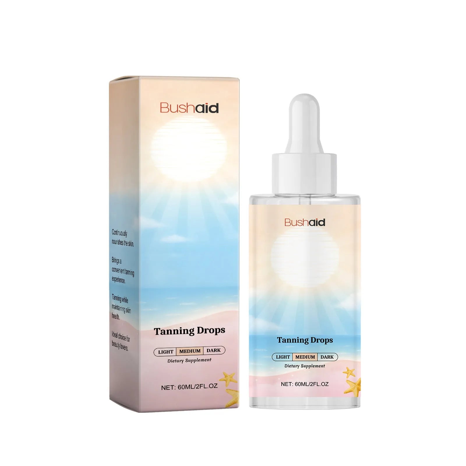 60ml bottle of tanning drops for a sunless body tan, shown with dropper.