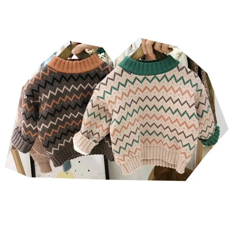 Korean style children's wool sweater in brown or apricot colour with long sleeves