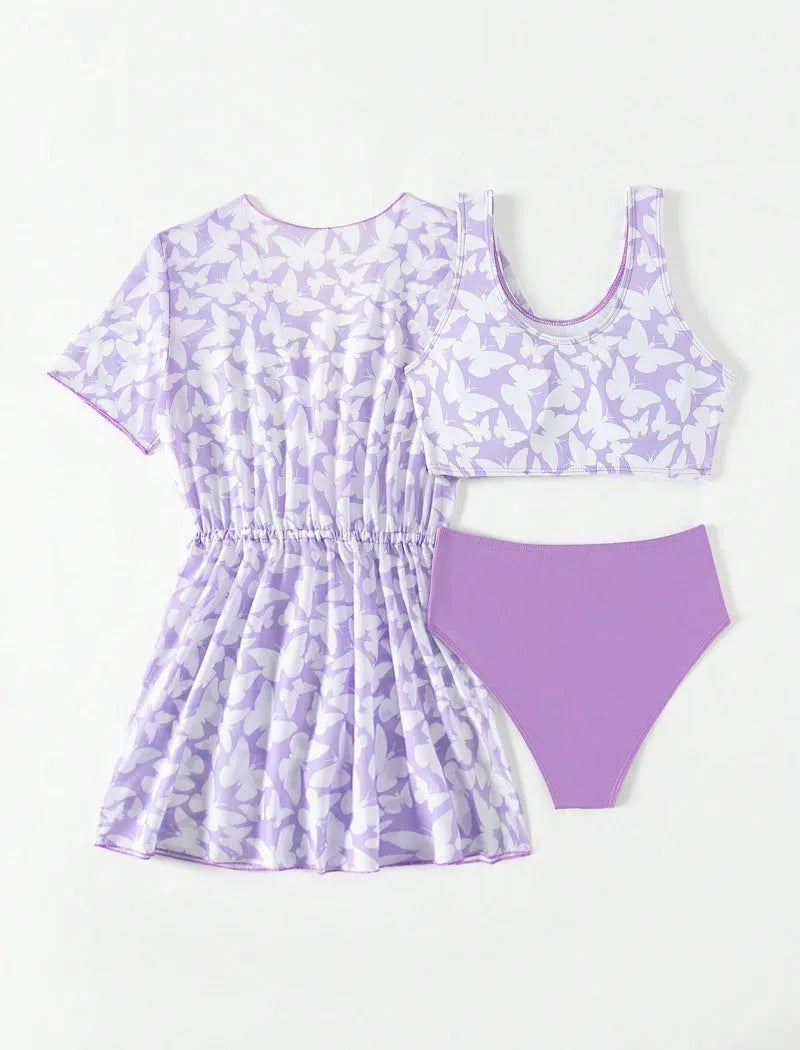 Girls' three piece print swimsuit set with coat, vest, and briefs in colour 3218
