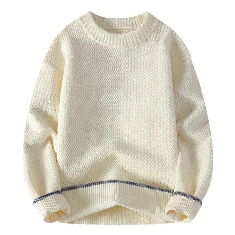 A grey men's loose-fit round neck long sleeve pullover sweater on a hanger.