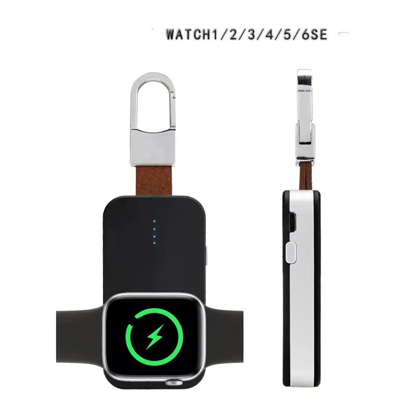 Black keychain-sized wireless power bank for Apple Watch on a keyring.