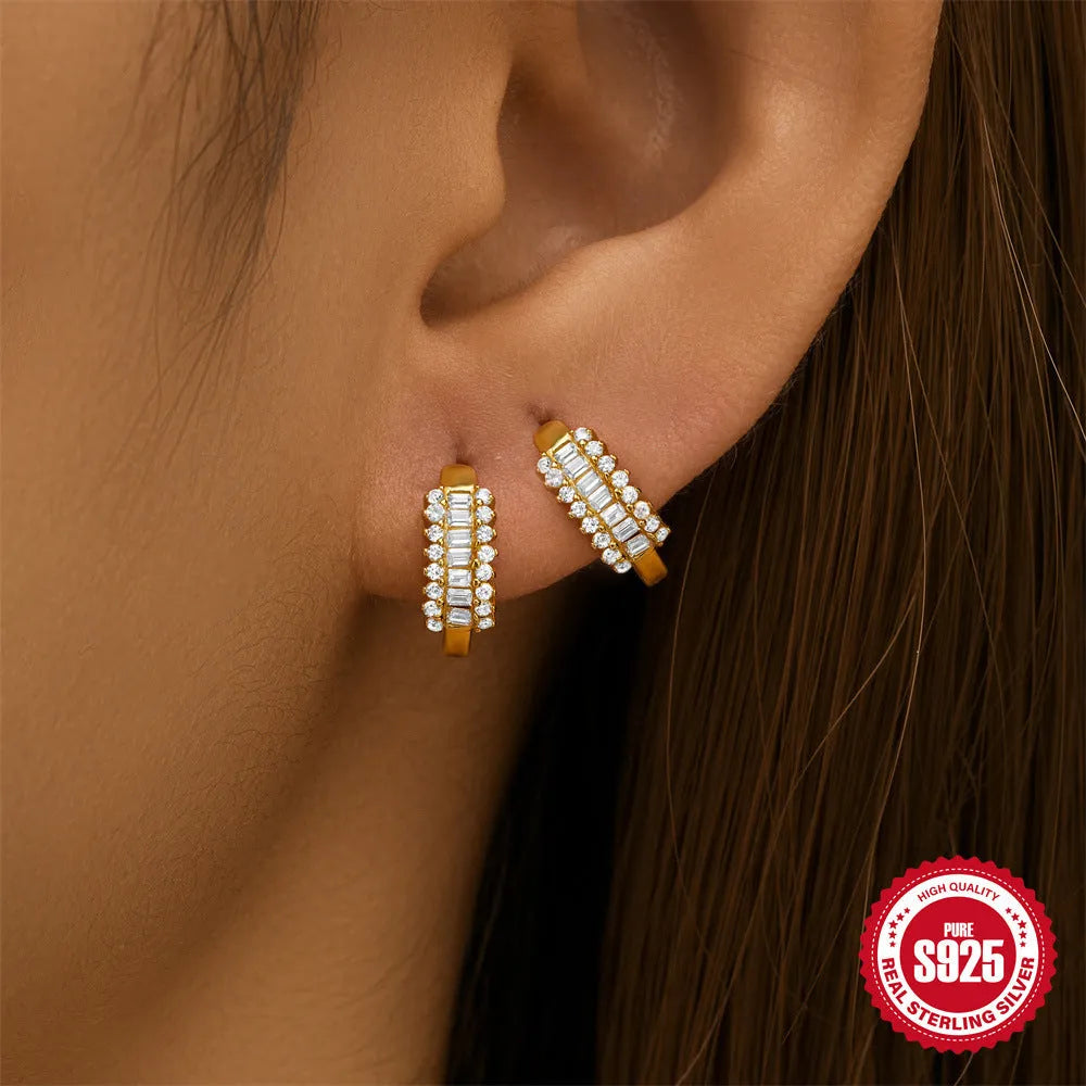 Sterling silver geometric stud earrings with round design in gold or silver electroplated finish