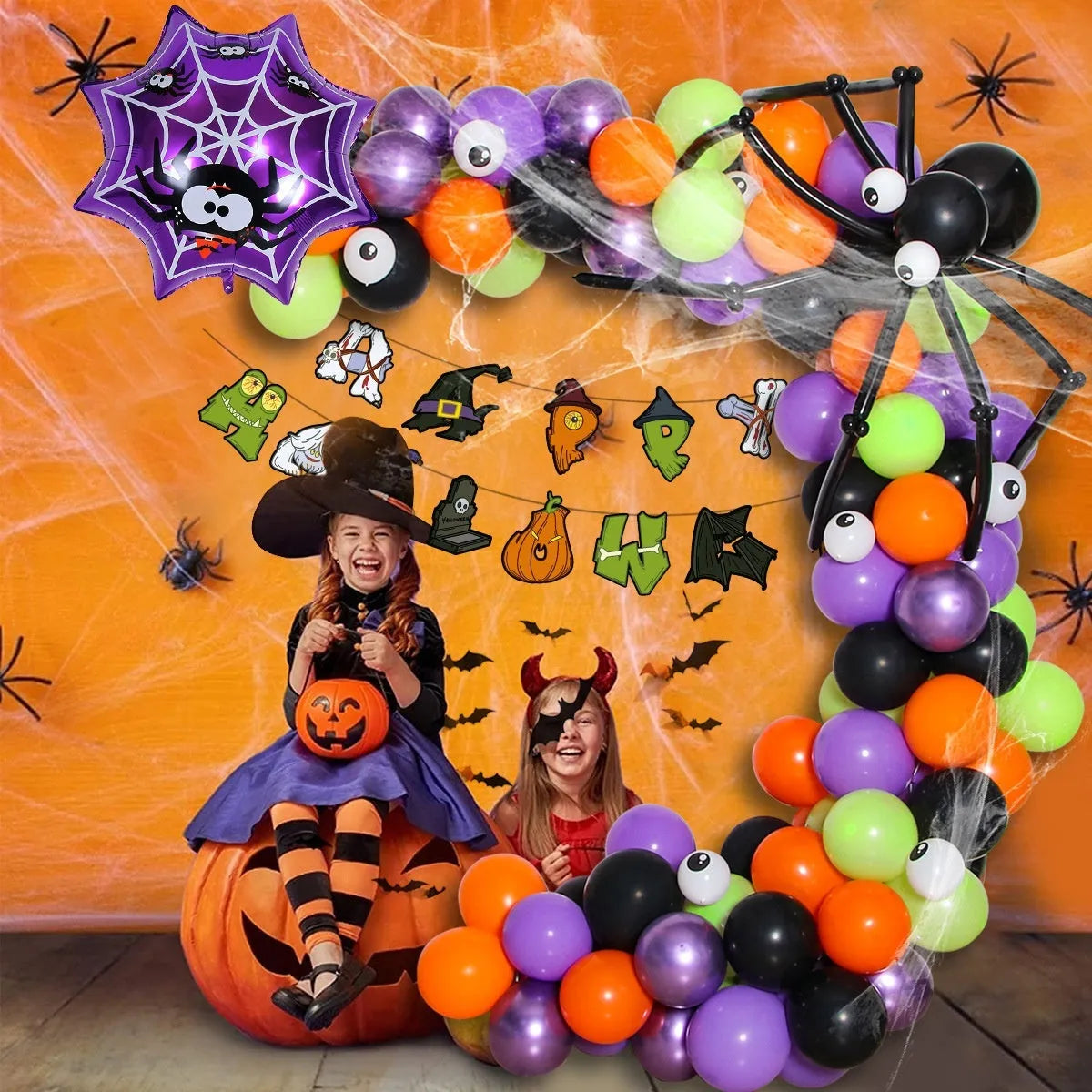 Halloween balloon decoration set with skull and pumpkin designs in white and black for creating spider balloon arches