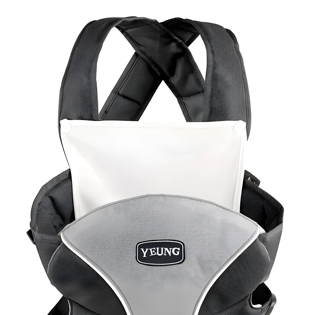 Double-shoulder baby carrier in red colour showing face-to-face carrying position