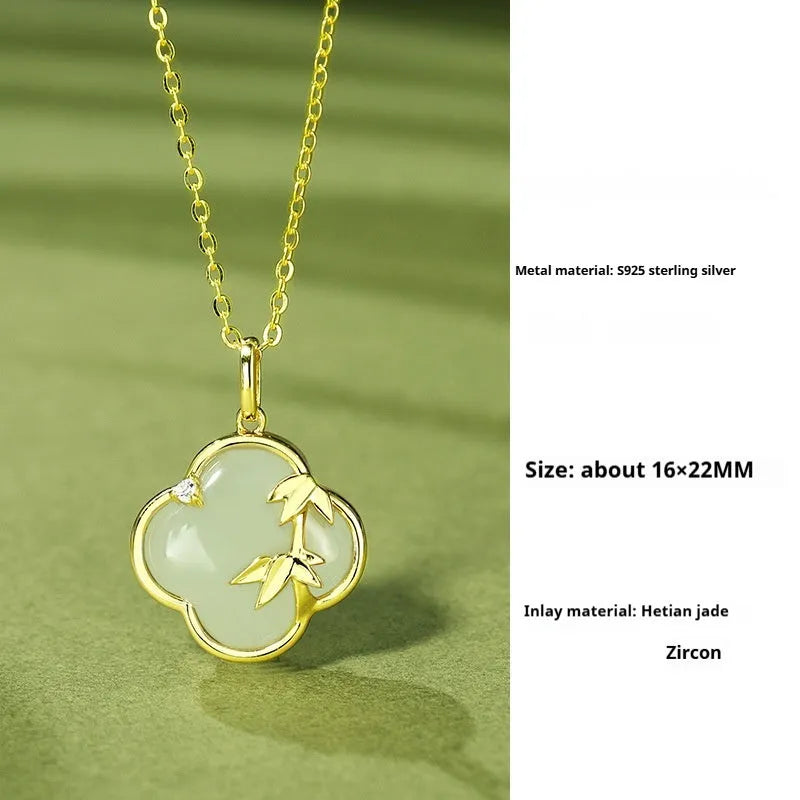 Hetian jade inlaid leaves design bracelet and necklace set in bamboo newspaper tone