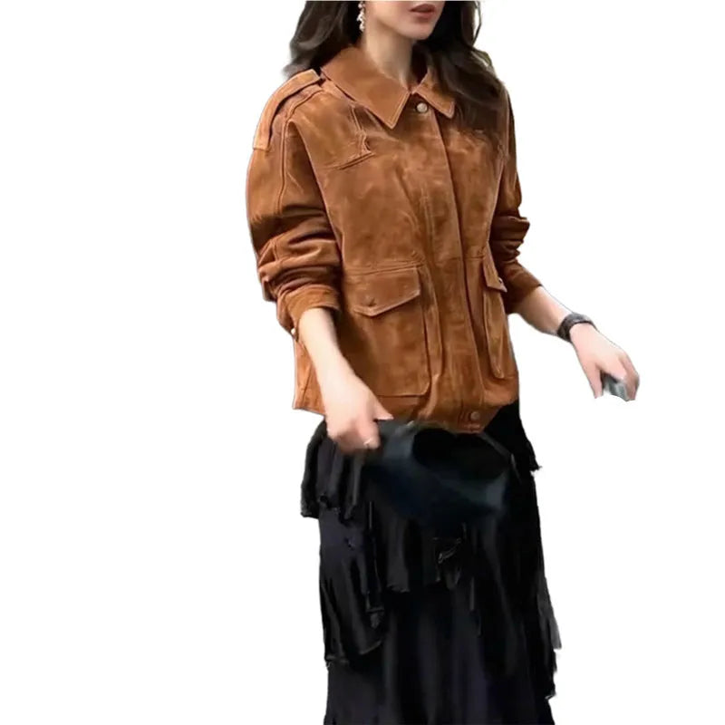 Women's bright brown suede street chic coat with button front and regular sleeves.