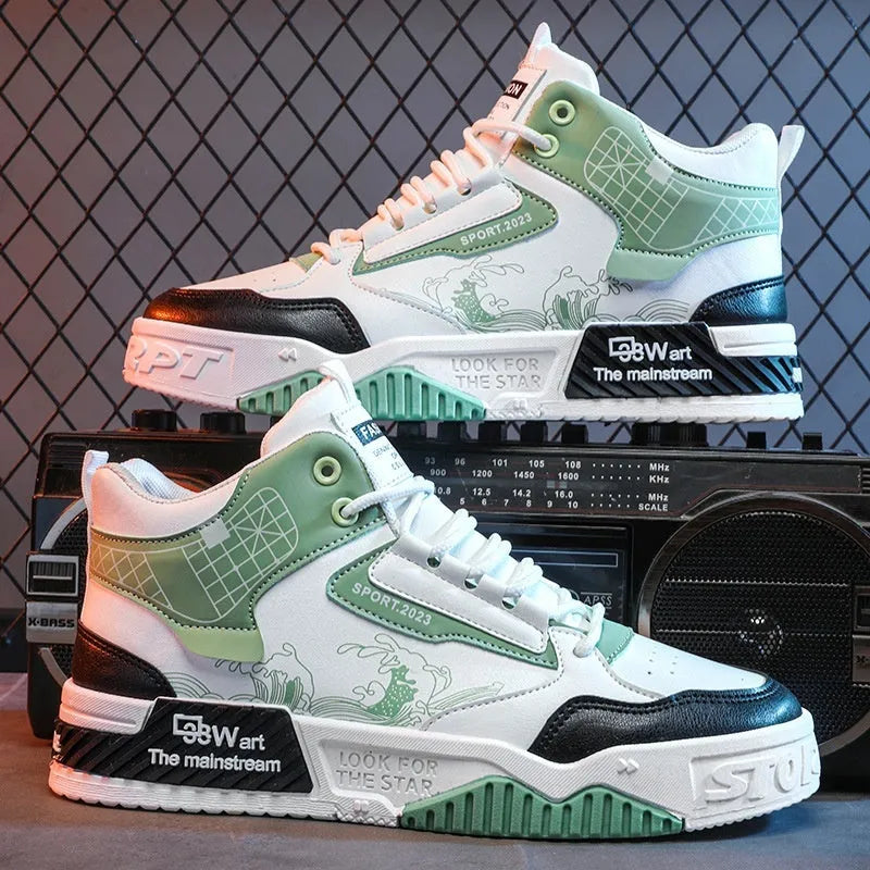 Men's beige high-top board sneakers with lace-up front and rubber sole.