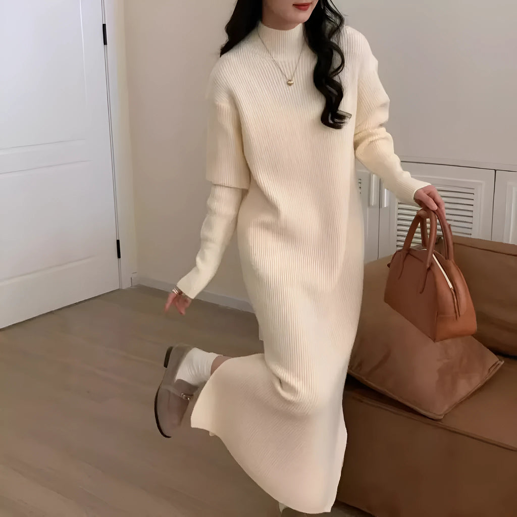 Half turtleneck knitted dress in acrylic fabric for office commuting in various colours.