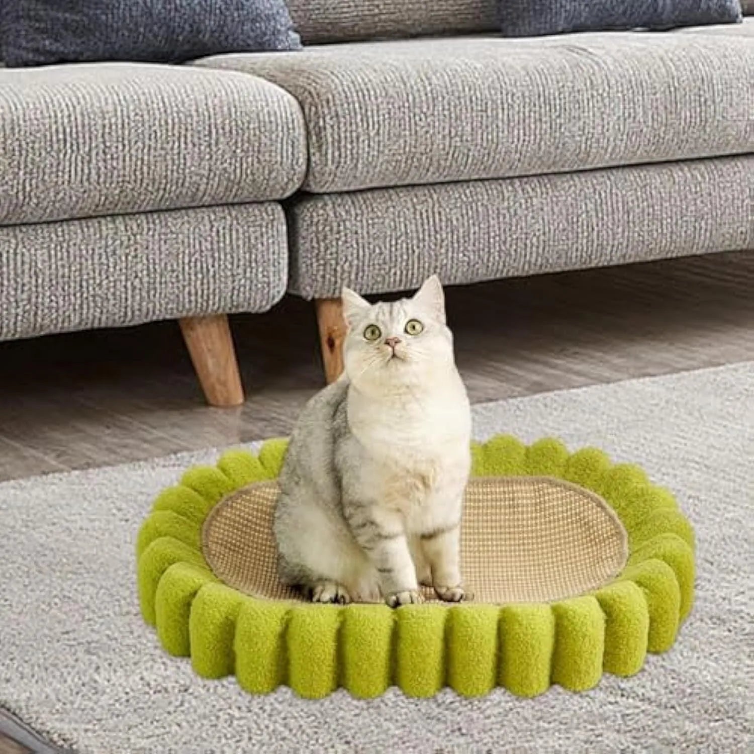 Green oval cat scratch pad bowl bed made from sisal measuring 650mm by 420mm