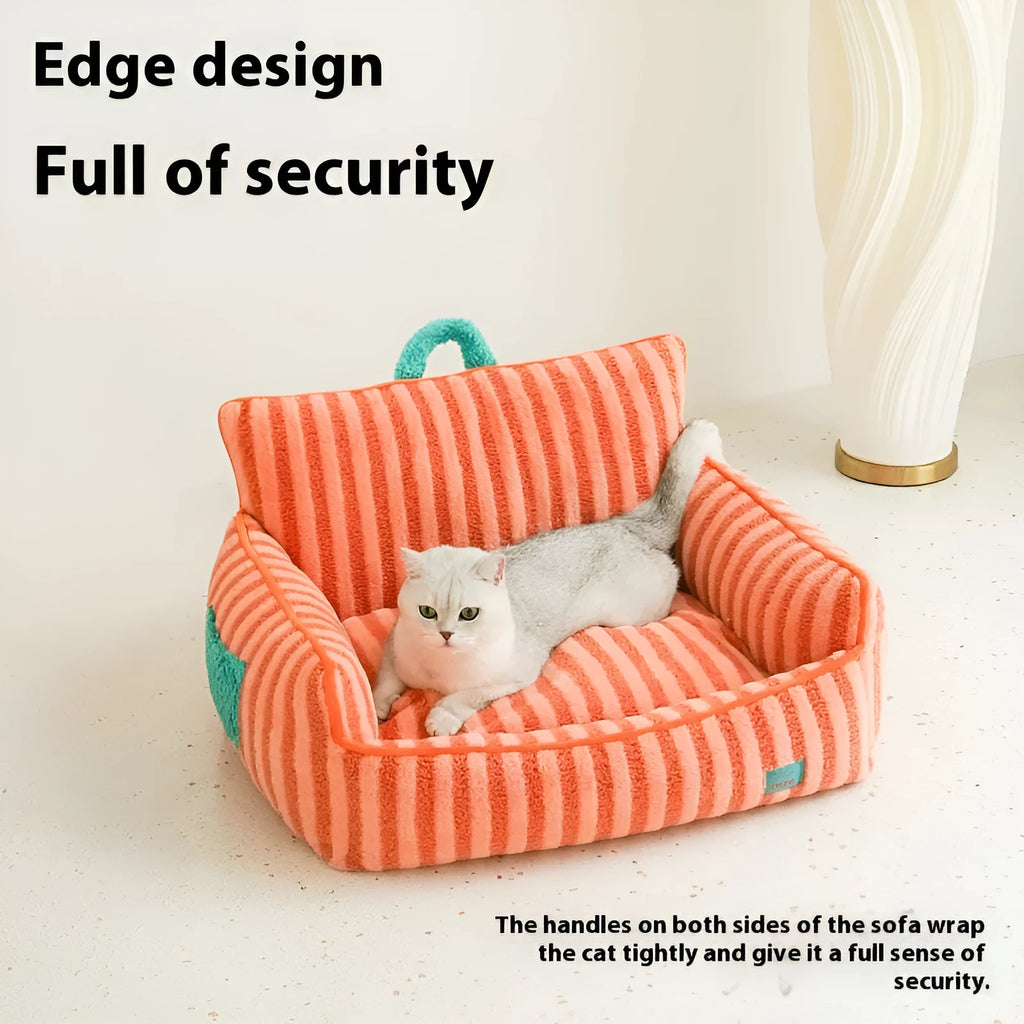 Striped soft velvet pet bed for dogs with removable cover in yellow, orange, or purple colours.