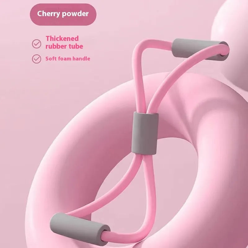 Yoga four-piece fitness set containing a leg beauty device, yoga ring, pedal tension device, and figure eight tension rope.