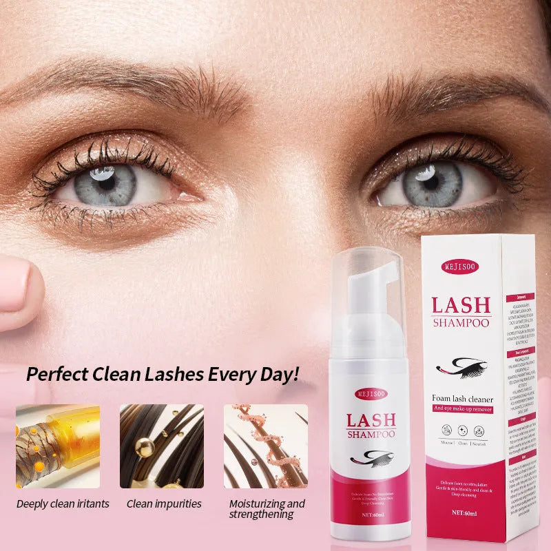 60ml Lash Shampoo Mousse bottle for eyelash cleaning, measuring 3.7cm by 13.5cm.