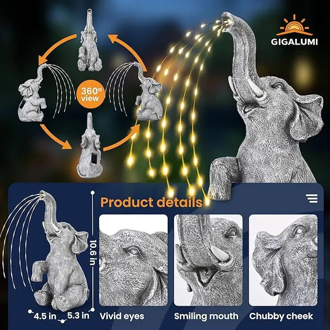 Grey resin elephant garden sculpture with solar panel and LED lights for outdoor decoration.